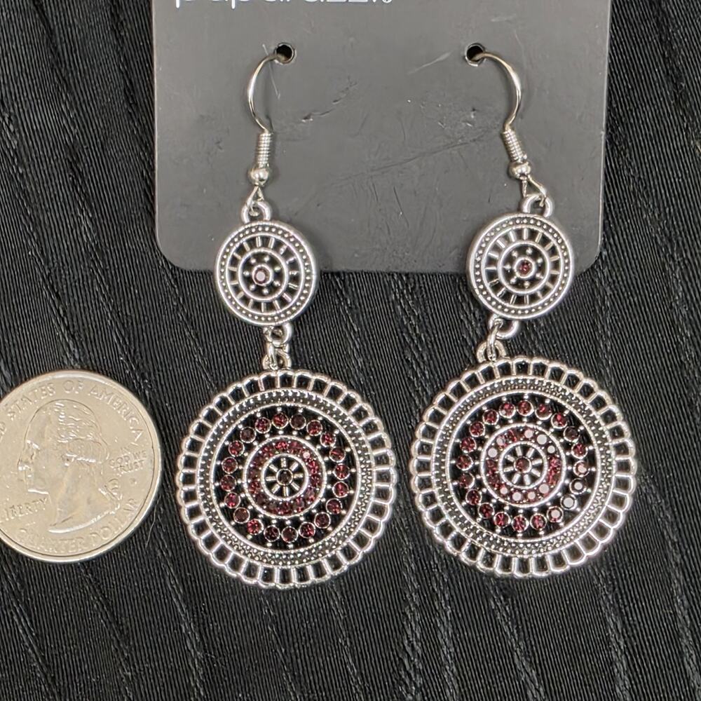 Paparazzi Silver Tone Dark Red Rhinestone Double Disc Dangle Earrings NWT New On - Picture 4 of 4